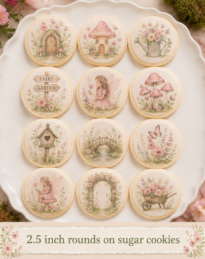 Set of 12 Fairy Garden edible images rounds for desserts, pre cut, many sizes available
