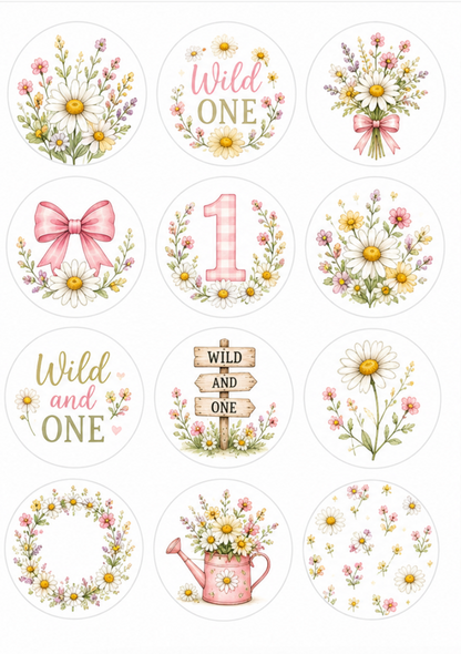 Set of 12 Wildflower Wild and ONE edible images rounds for desserts, pre cut, many sizes available
