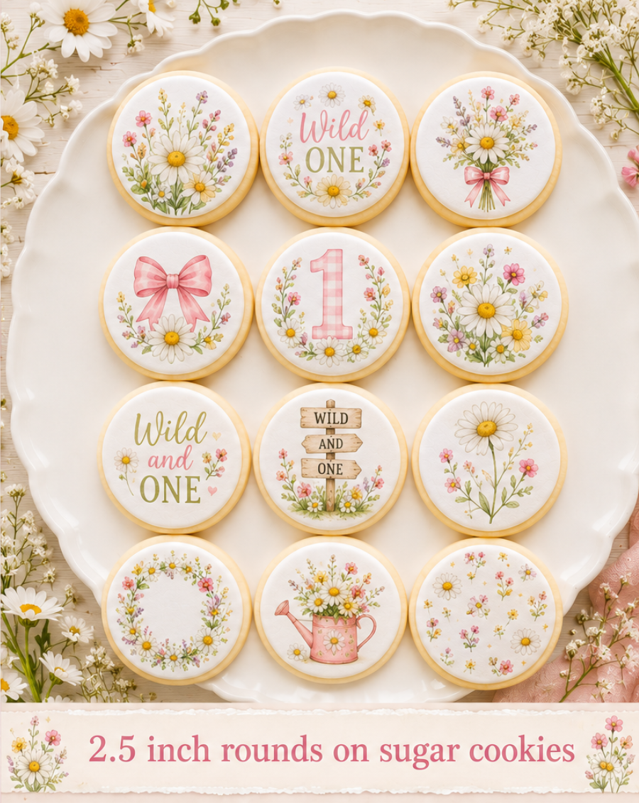 Set of 12 Wildflower Wild and ONE edible images rounds for desserts, pre cut, many sizes available
