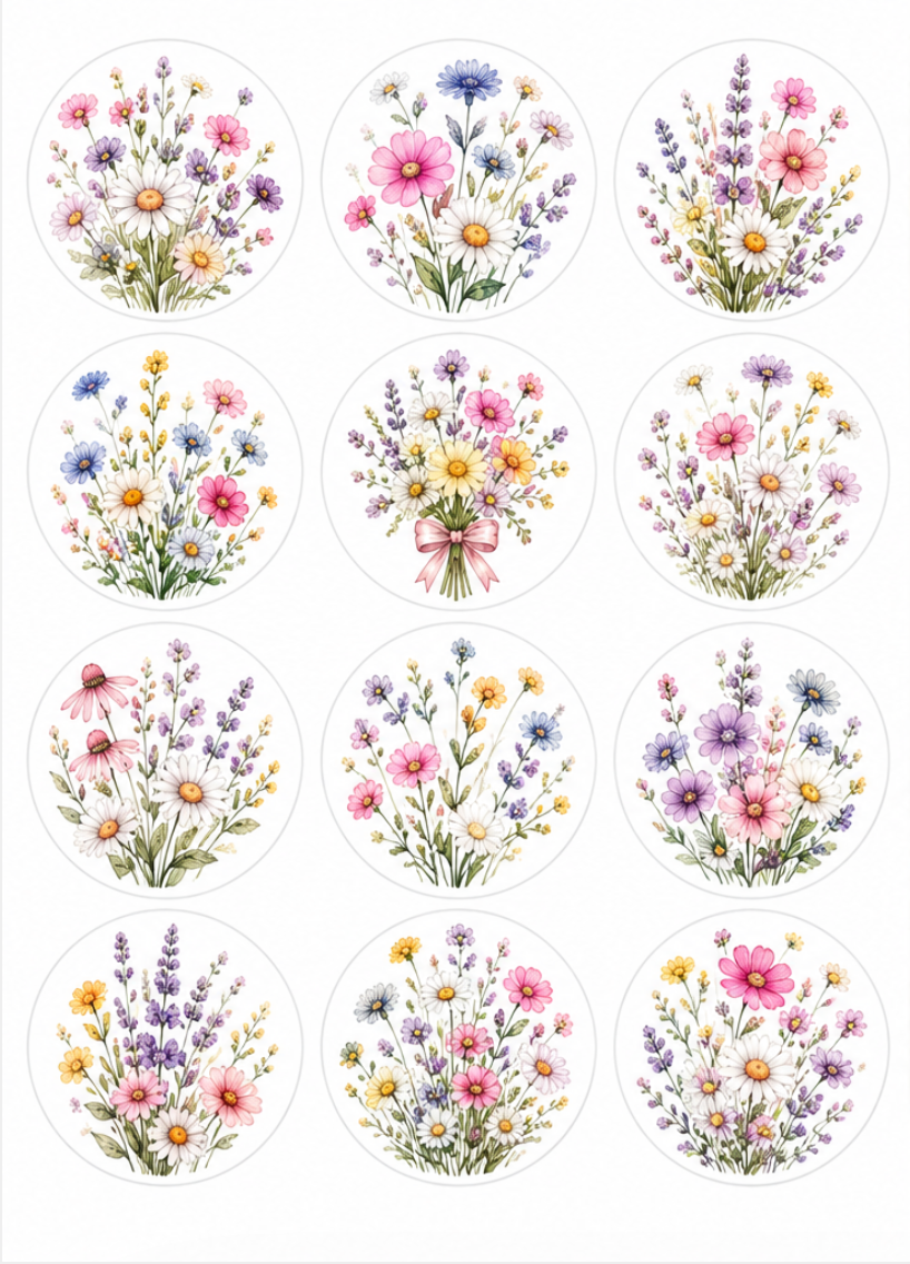 Set of 12 Wildflower edible images rounds for desserts, pre cut, many sizes available