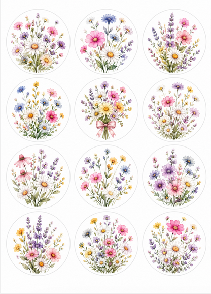 Set of 12 Wildflower edible images rounds for desserts, pre cut, many sizes available