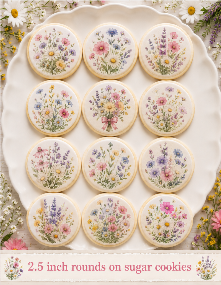 Set of 12 Wildflower edible images rounds for desserts, pre cut, many sizes available