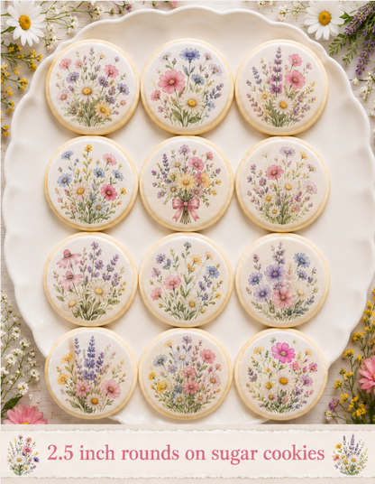 Set of 12 Wildflower edible images rounds for desserts, pre cut, many sizes available