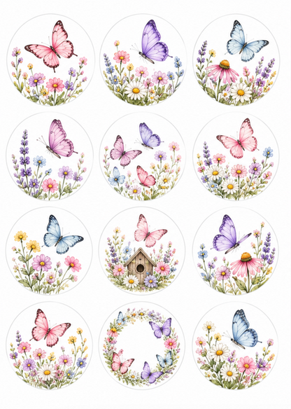 Set of 12 Butterfly Garden edible images rounds for desserts, pre cut, many sizes available