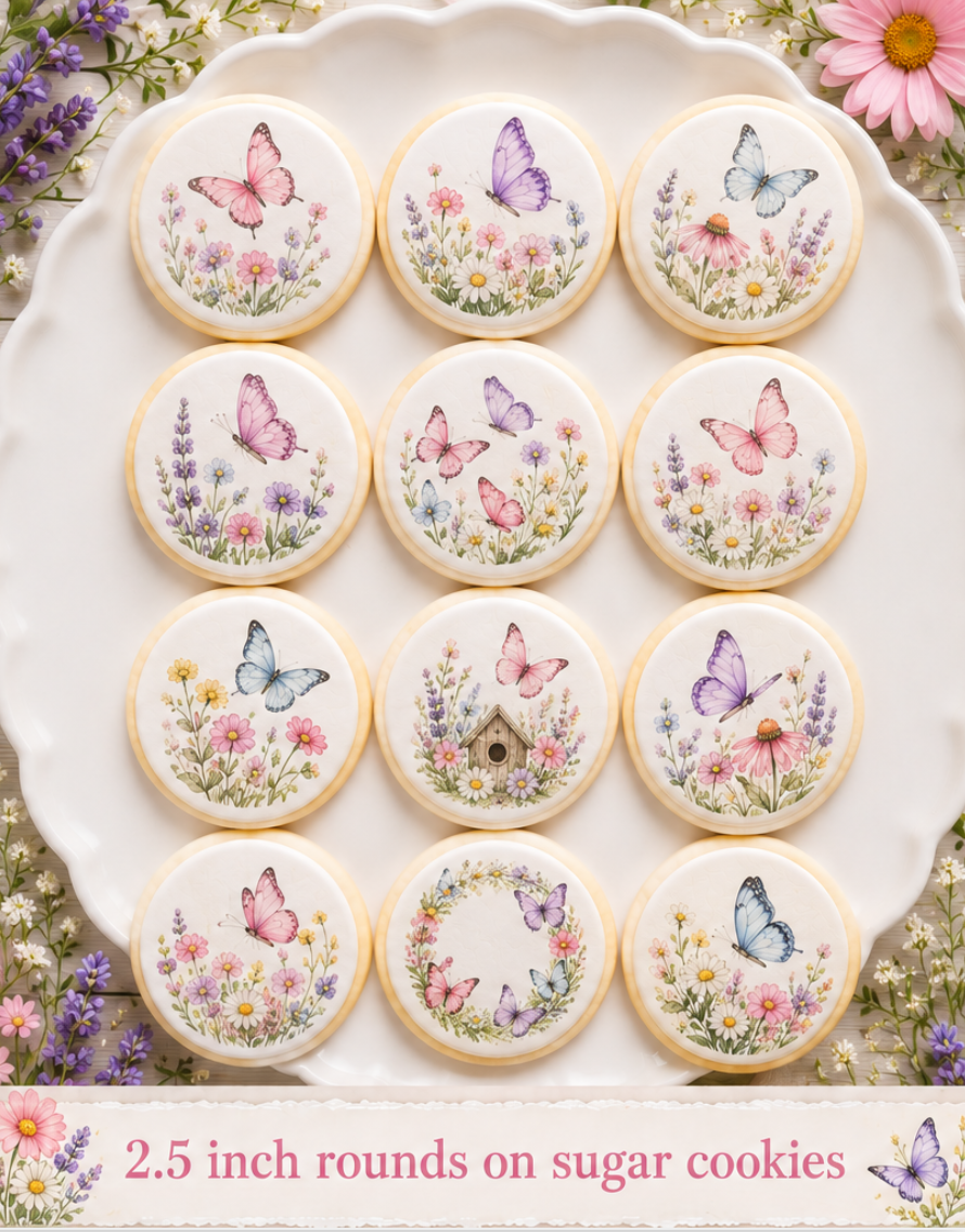 Set of 12 Butterfly Garden edible images rounds for desserts, pre cut, many sizes available