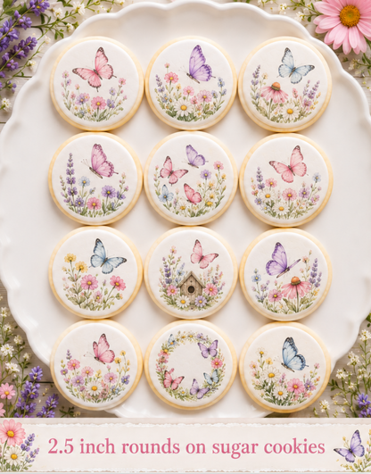 Set of 12 Butterfly Garden edible images rounds for desserts, pre cut, many sizes available