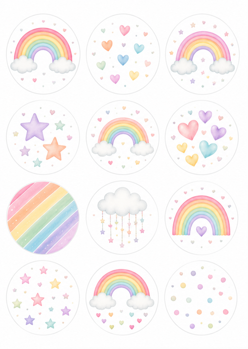 Set of 12 Rainbow Pastels edible images rounds for desserts, pre cut, many sizes available