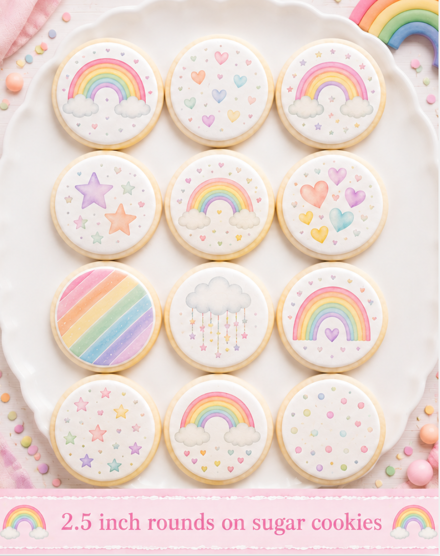 Set of 12 Rainbow Pastels edible images rounds for desserts, pre cut, many sizes available