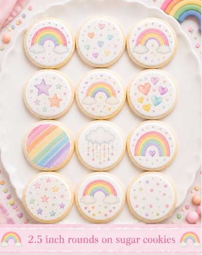 Set of 12 Rainbow Pastels edible images rounds for desserts, pre cut, many sizes available