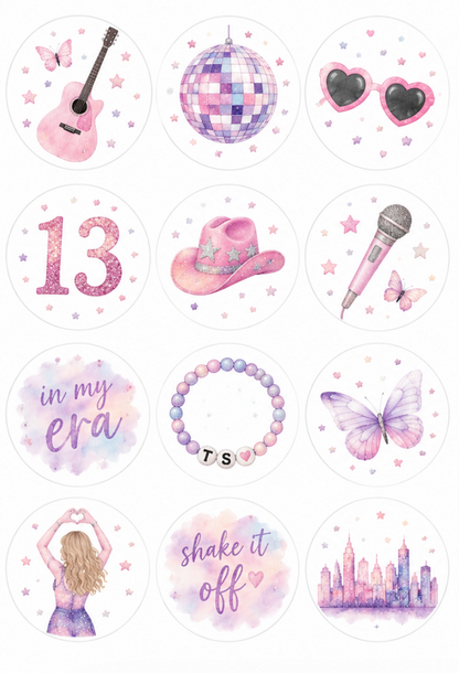 Set of 12 Taylor Swift Inspired edible images rounds for desserts, pre cut, many sizes available