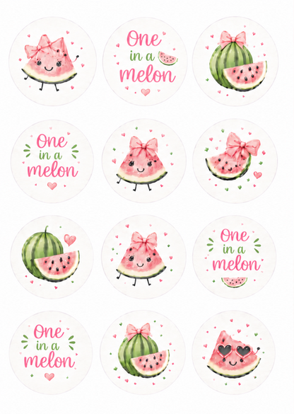 Set of 12 One in a Melon edible images rounds for desserts, pre cut, many sizes available