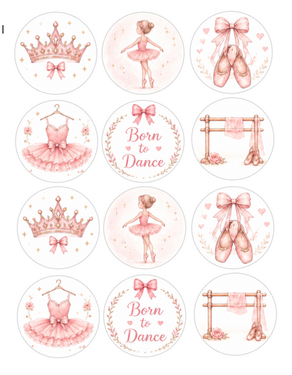 Set of 12 Pink Ballerina edible images rounds for desserts, pre cut, many sizes available