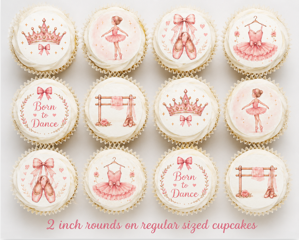 Set of 12 Pink Ballerina edible images rounds for desserts, pre cut, many sizes available