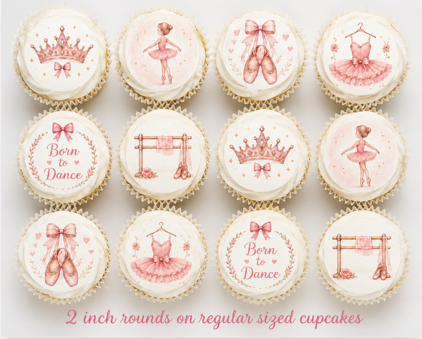 Set of 12 Pink Ballerina edible images rounds for desserts, pre cut, many sizes available