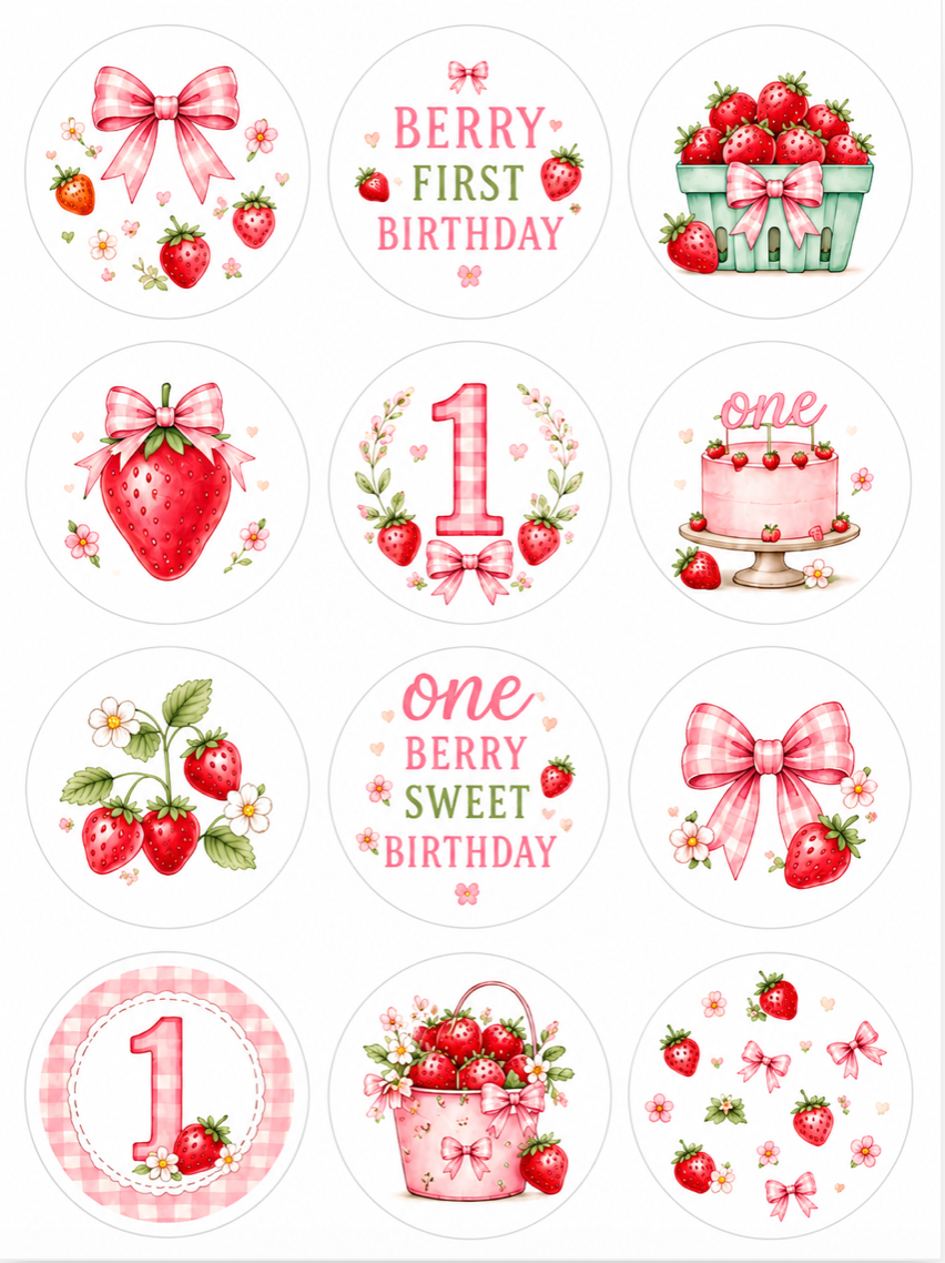 Set of 12 Berry First Birthday, One Berry Sweet Birthday edible images rounds for desserts, pre cut, many sizes available