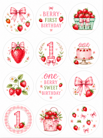 Set of 12 Berry First Birthday, One Berry Sweet Birthday edible images rounds for desserts, pre cut, many sizes available
