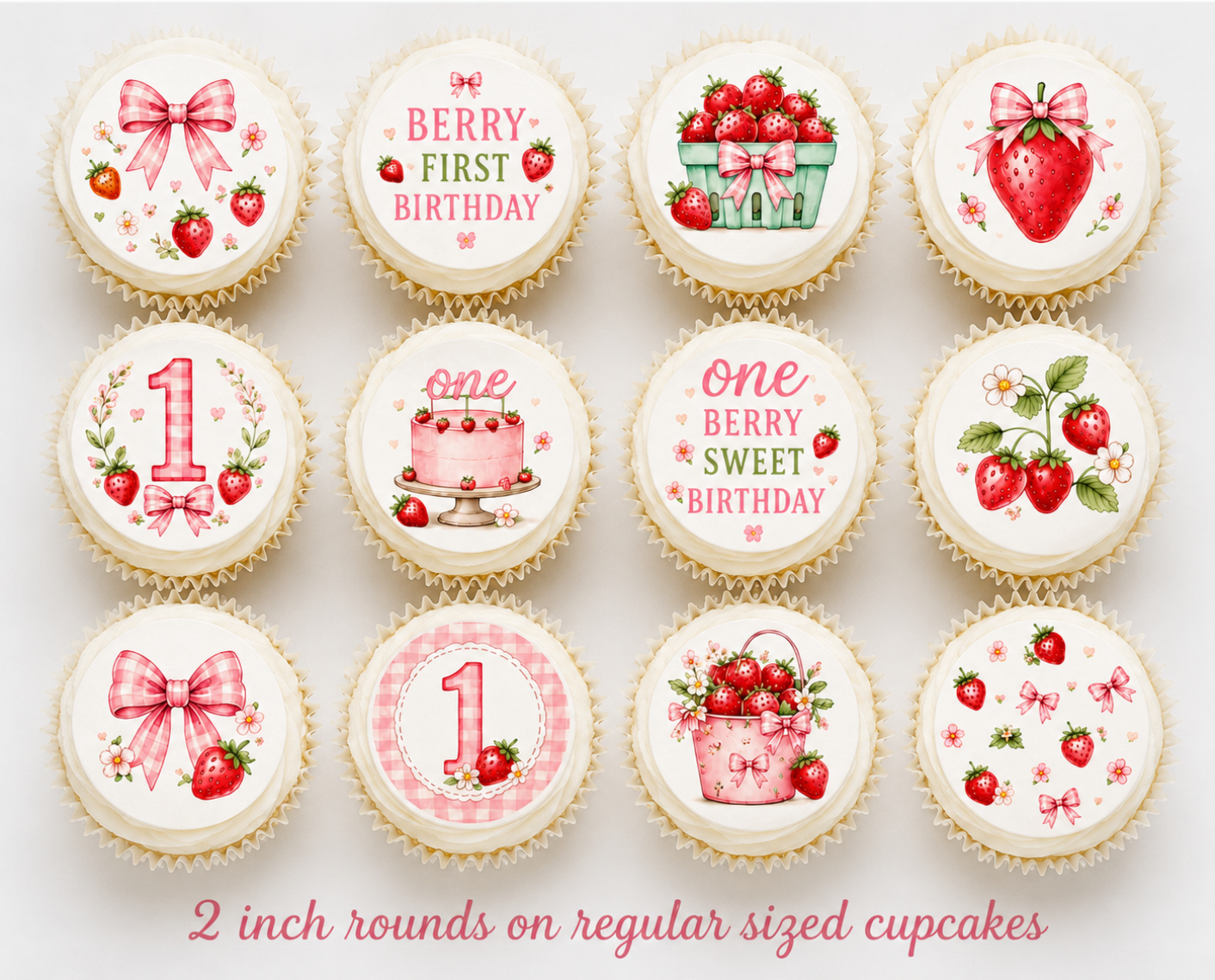 Set of 12 Berry First Birthday, One Berry Sweet Birthday edible images rounds for desserts, pre cut, many sizes available