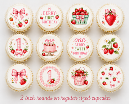 Set of 12 Berry First Birthday, One Berry Sweet Birthday edible images rounds for desserts, pre cut, many sizes available