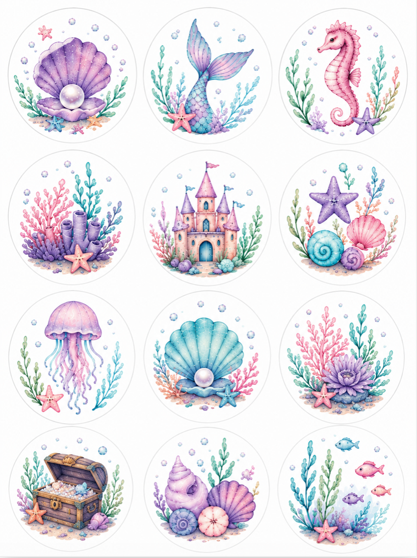 Set of 12 Mermaid Inspired edible images rounds for desserts, pre cut, many sizes available