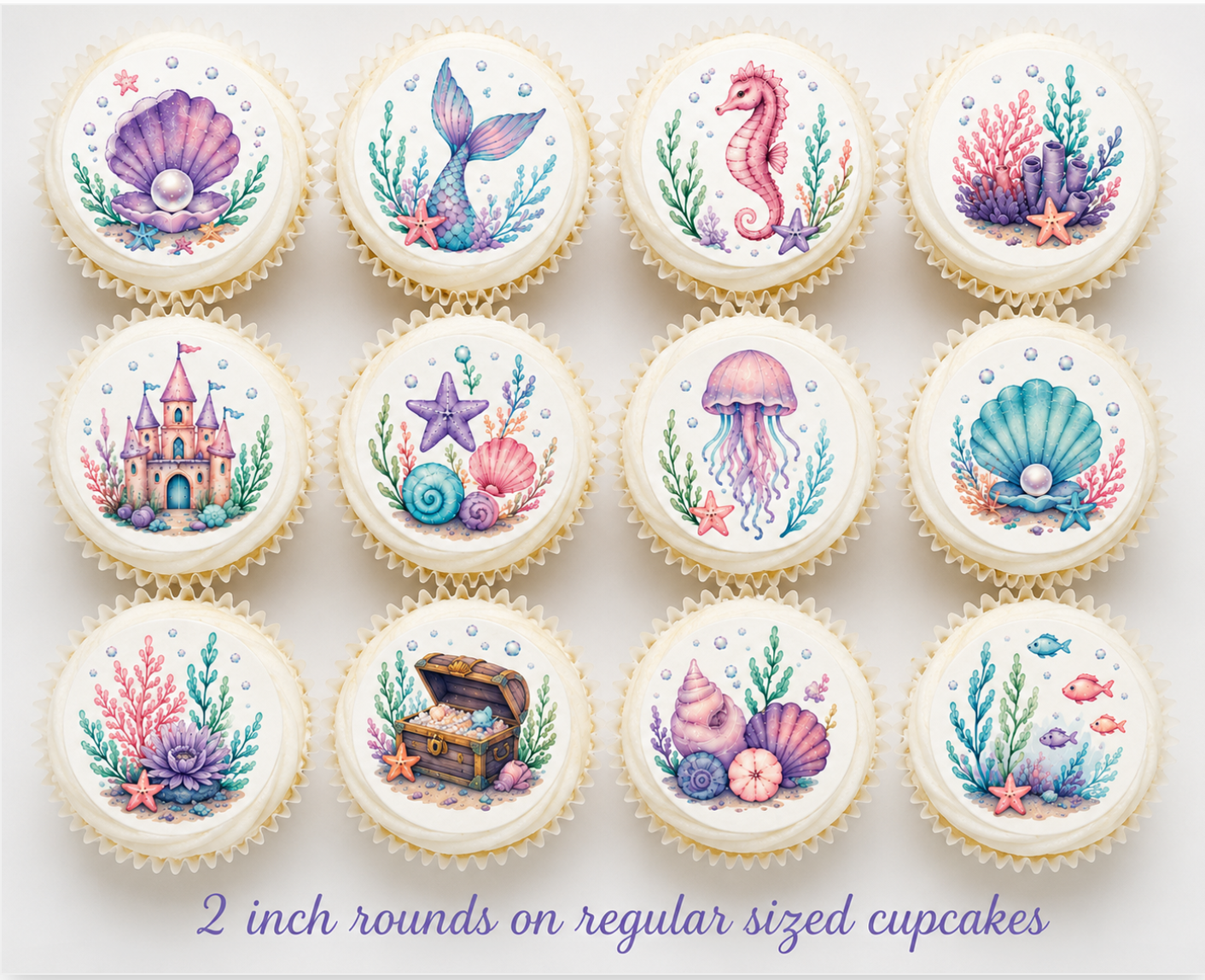 Set of 12 Mermaid Inspired edible images rounds for desserts, pre cut, many sizes available