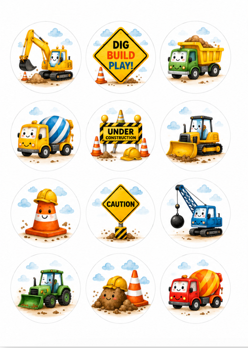 Set of 12 Construction edible images rounds for desserts, pre cut, many sizes available