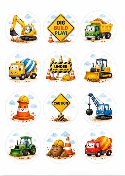 Set of 12 Construction edible images rounds for desserts, pre cut, many sizes available