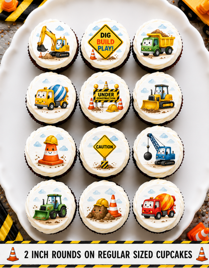 Set of 12 Construction edible images rounds for desserts, pre cut, many sizes available