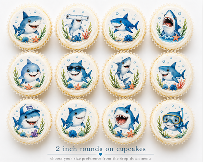 Set of 12 Shark edible images rounds for desserts, pre cut, many sizes available