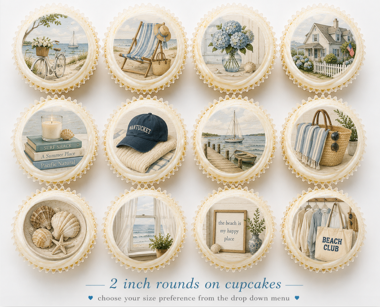 Set of 12 Coastal Grandmother, Nantucket edible images rounds for desserts, pre cut, many sizes available