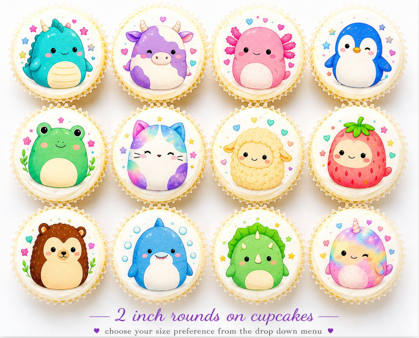 Set of 12 Squishmallows edible images rounds for desserts, pre cut, many sizes available