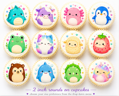 Set of 12 Squishmallows edible images rounds for desserts, pre cut, many sizes available