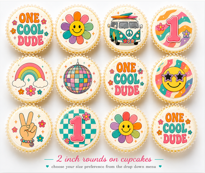 Set of 12 One Cool Dude, 1st Birthday edible images rounds for desserts, pre cut, many sizes available