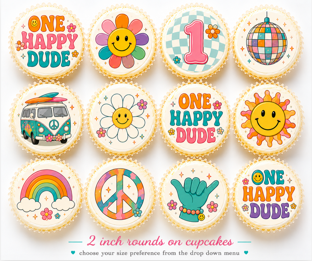 Set of 12 One Happy Dude, 1st Birthday edible images rounds for desserts, pre cut, many sizes available