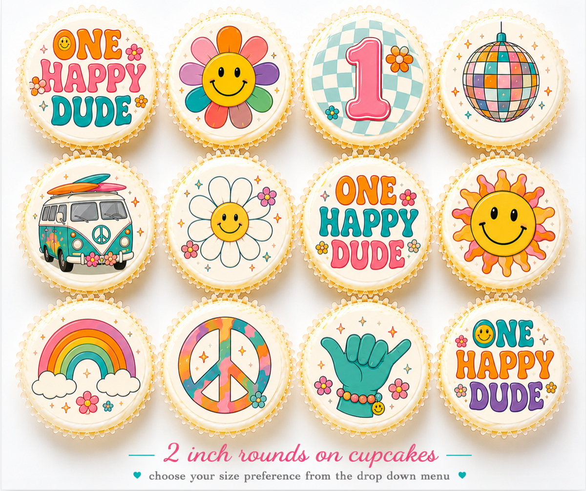 Set of 12 One Happy Dude, 1st Birthday edible images rounds for desserts, pre cut, many sizes available