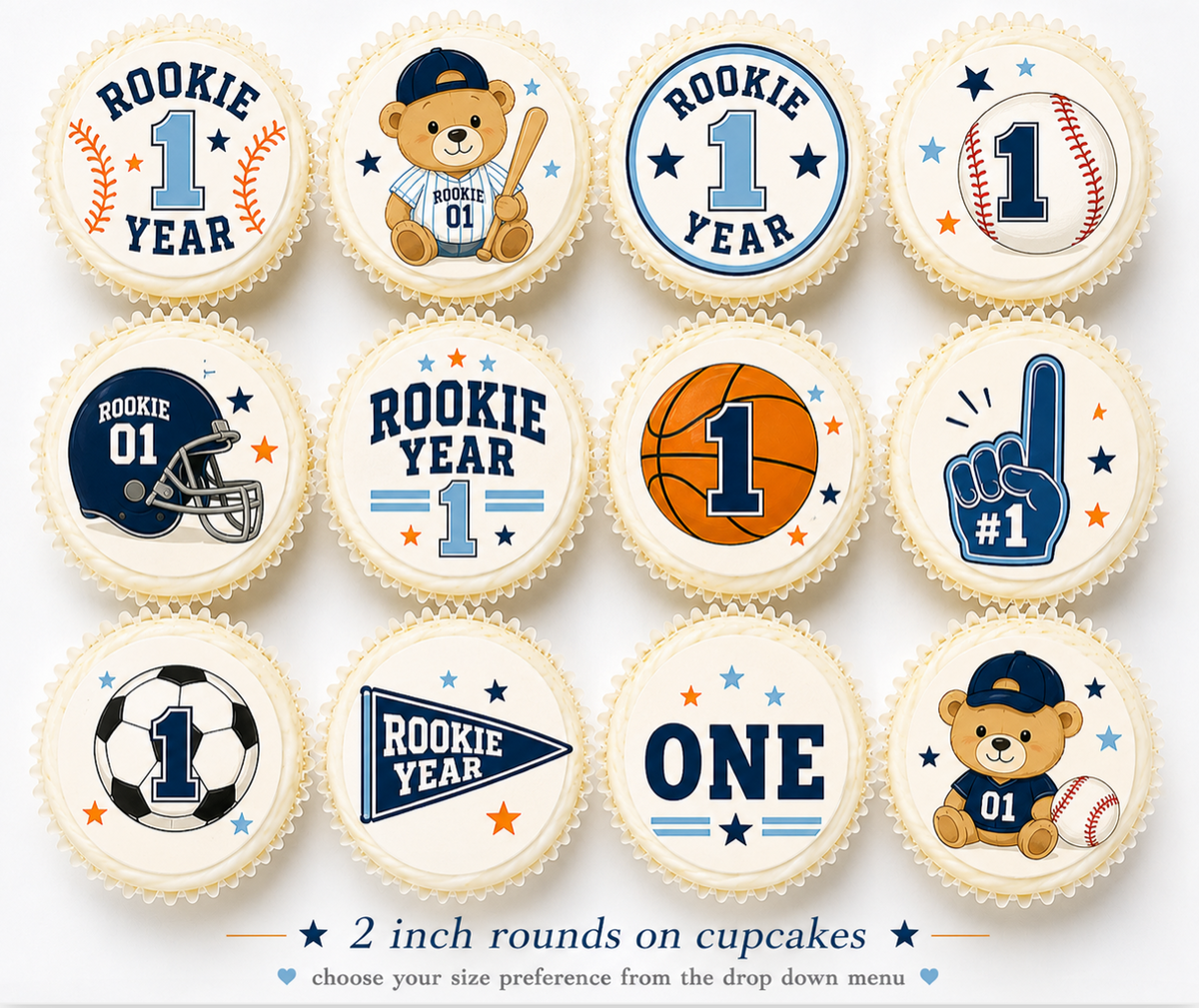 Set of 12 Rookie Year, 1st Birthday Baseball edible images rounds for desserts, pre cut, many sizes available