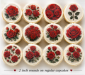 Set of 12 "Red Roses" pre cut edible image discs for desserts, choose your size