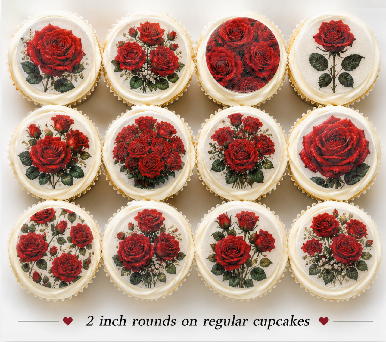 Set of 12 "Red Roses" pre cut edible image discs for desserts, choose your size