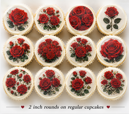 Set of 12 "Red Roses" pre cut edible image discs for desserts, choose your size