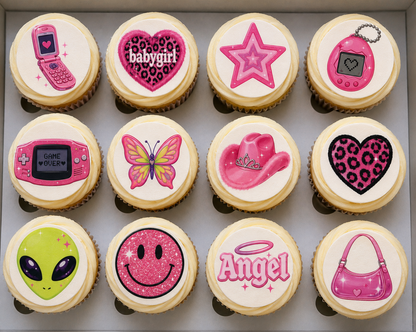 Set of 12 "Y2K" pre cut edible image discs for desserts, choose your size