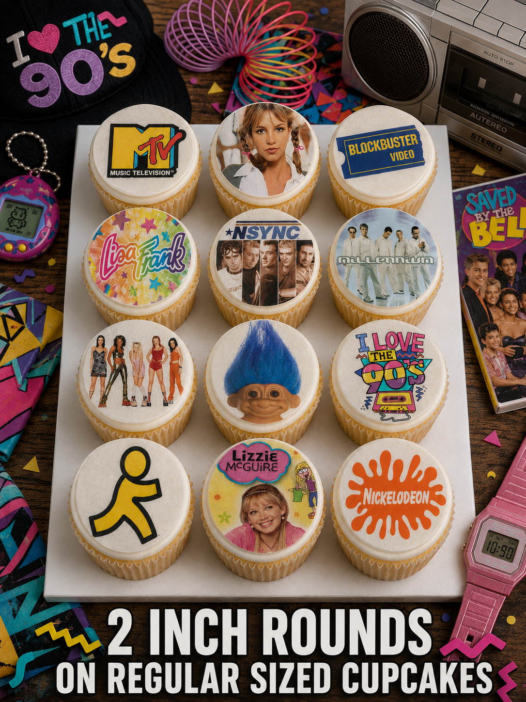 Set of 12 "Y2K, Pop Culture" pre cut edible image discs for desserts, choose your size