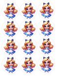 Set of 12 Alice in Wonderland pre cut edible image discs for desserts, choose your size