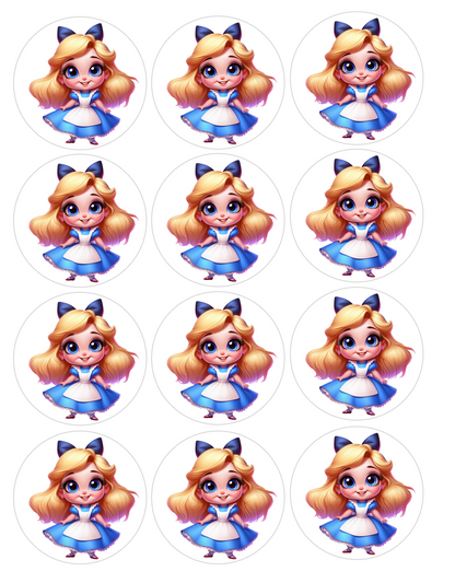 Set of 12 Alice in Wonderland pre cut edible image discs for desserts, choose your size