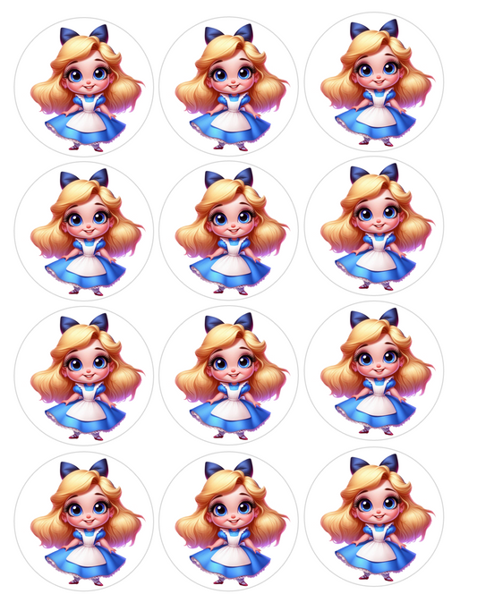 Set of 12 Alice in Wonderland pre cut edible image discs for desserts, choose your size