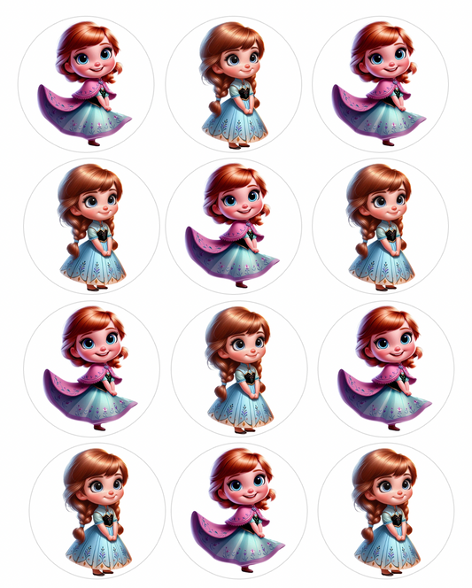 Set of 12 Anna Frozen pre cut edible image discs for desserts, choose your size