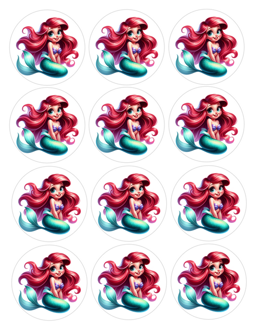Set of 12 Ariel, Little Mermaid pre cut edible image discs for desserts, choose your size