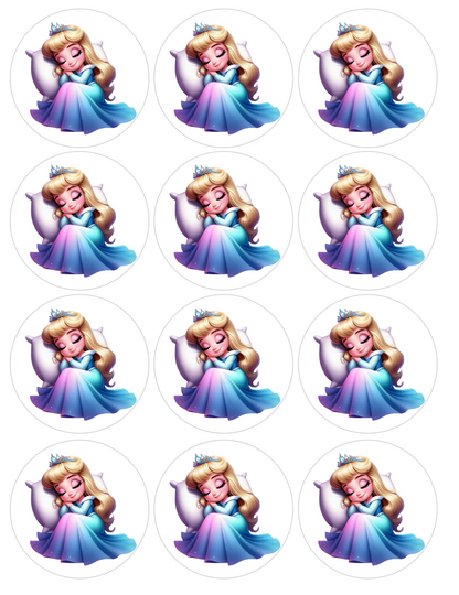 Set of 12 Aurora, Sleeping Beauty pre cut edible image discs for desserts, choose your size