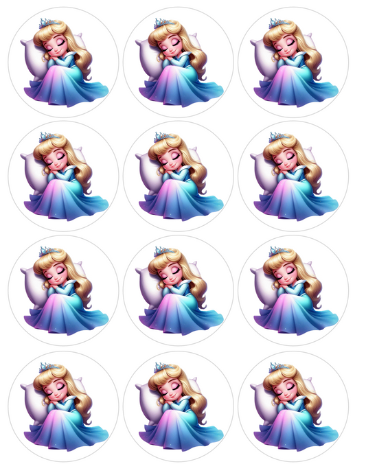 Set of 12 Aurora, Sleeping Beauty pre cut edible image discs for desserts, choose your size