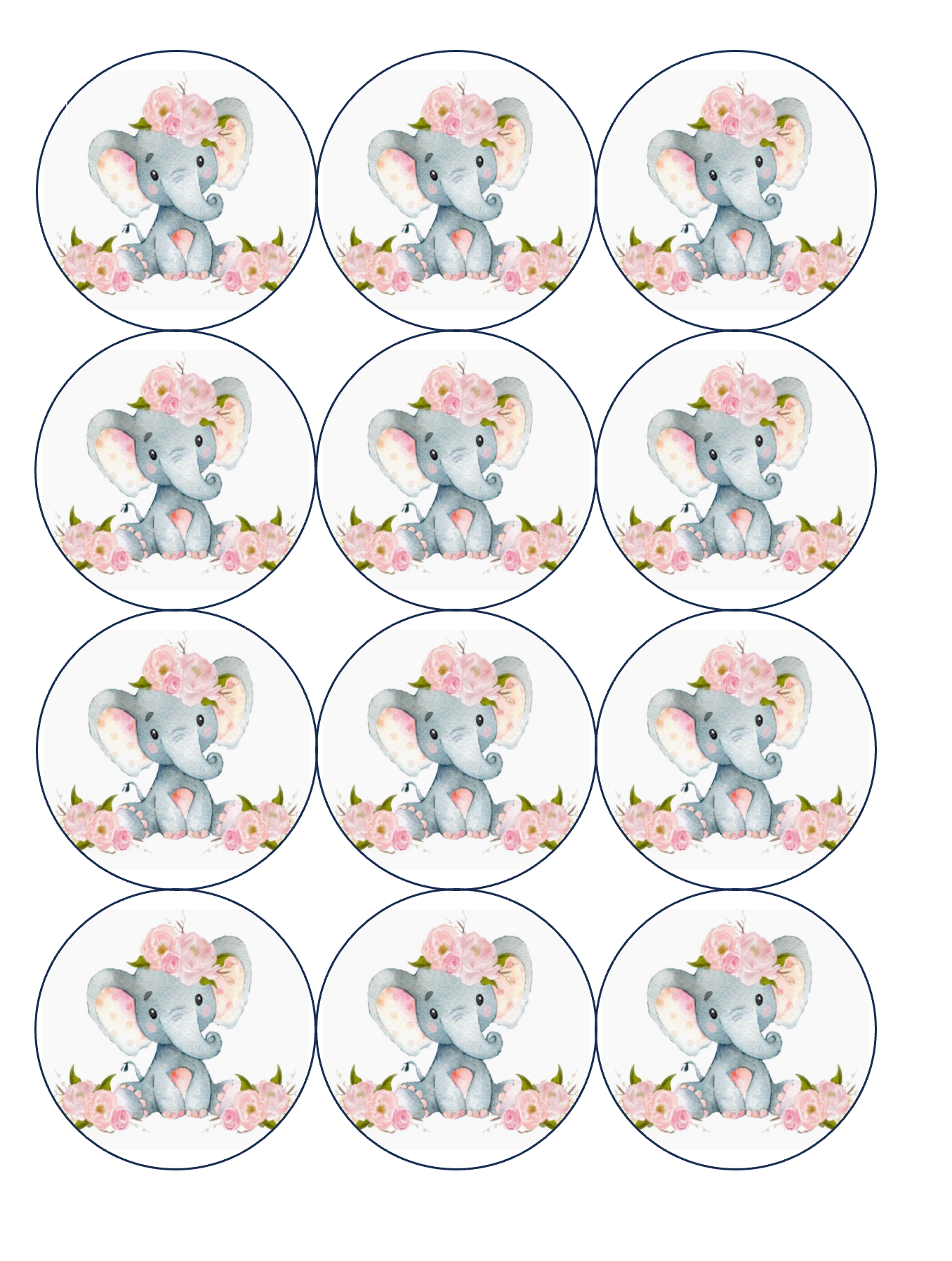 Set of 12 "baby elephant" pre cut edible image discs for desserts, drink toppers, choose your size