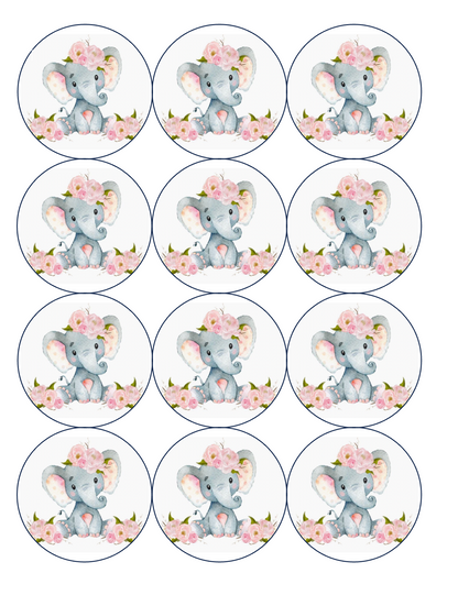 Set of 12 "baby elephant" pre cut edible image discs for desserts, drink toppers, choose your size