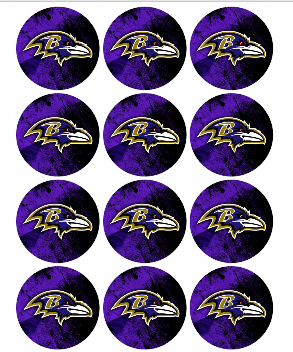 Set of 12 "Baltimore Ravens" pre cut edible image discs for desserts, choose your size